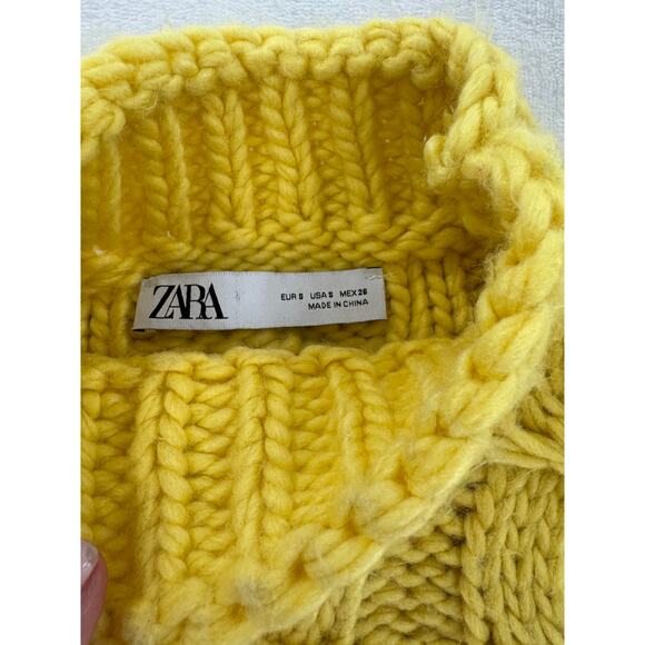 Zara Yellow Cableknit Sweater Mockneck Gold Knit Pullover Small Crop - Picture 6 of 8